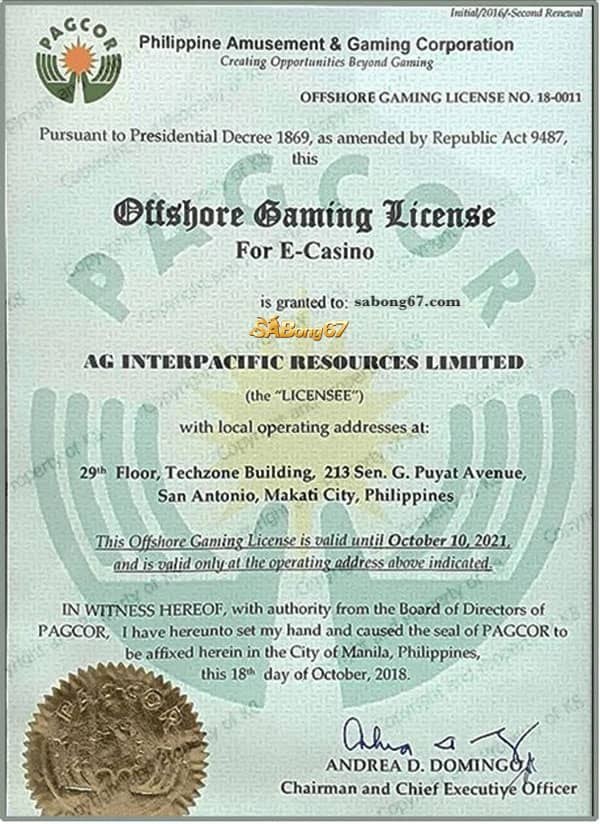 Giấy phép hoạt động Sabong67